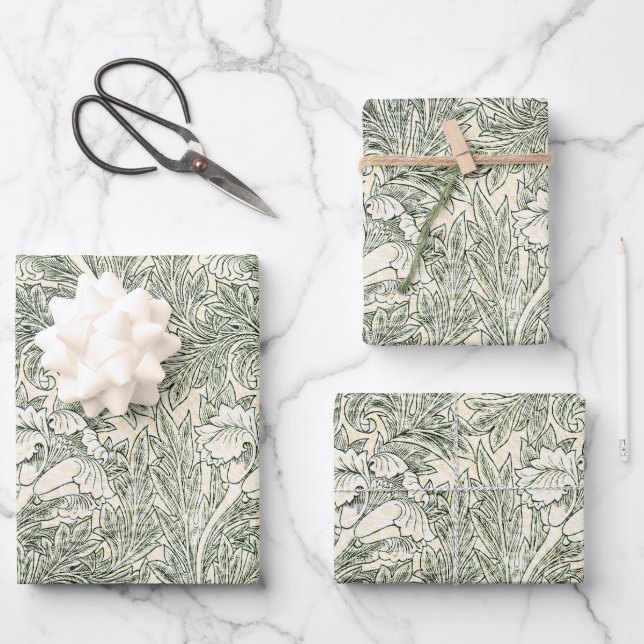 William Morris Tulip Wallpaper Classic Green Wrapping Paper Sheets (Front)