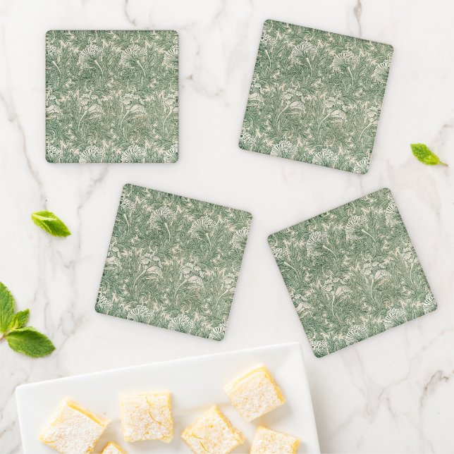 William Morris tulip wallpaper textile green Coaster Set (In Situ)