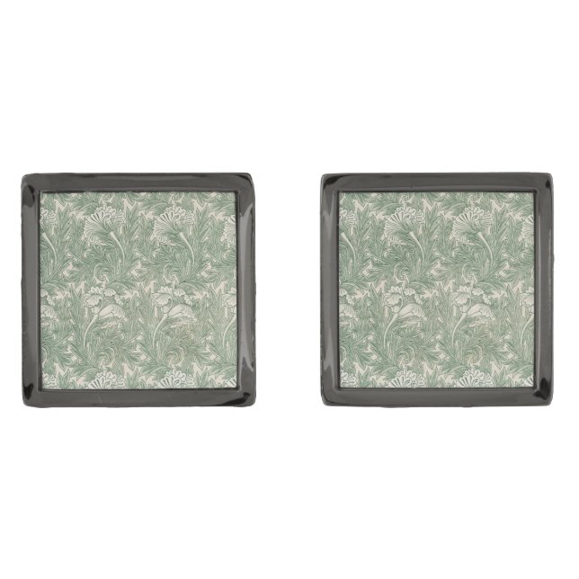 William Morris tulip wallpaper textile green Cufflinks (Front)