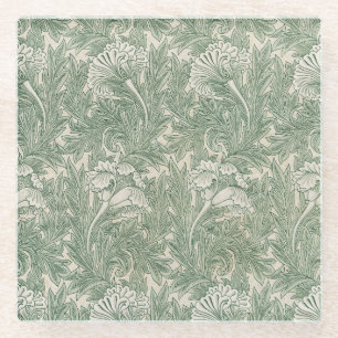 William Morris tulip wallpaper textile green Glass Coaster