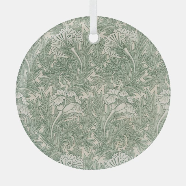 William Morris tulip wallpaper textile green Glass Ornament (Front)