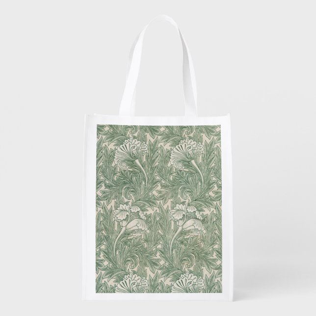 William Morris tulip wallpaper textile green Grocery Bag (Back)