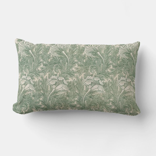 William Morris tulip wallpaper textile green Lumbar Pillow (Front)