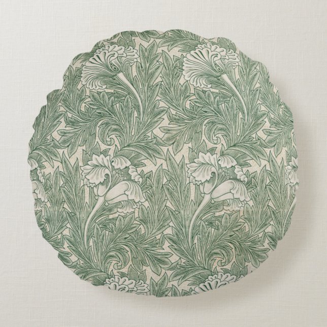 William Morris tulip wallpaper textile green Round Pillow (Front)