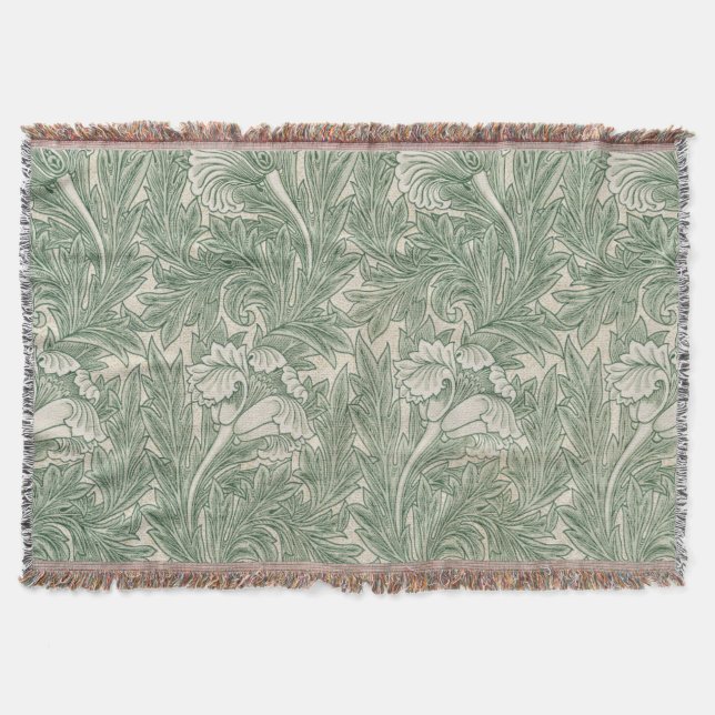 William Morris tulip wallpaper textile green Throw Blanket (Front)