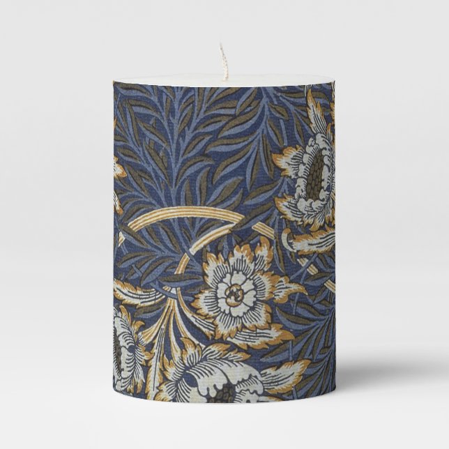 William Morris Tulip Willow Blue Pattern Pillar Candle (Front)