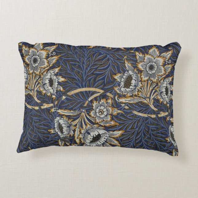 William Morris Tulip Willow Pattern Blue Floral Accent Pillow (Back)