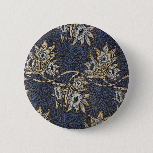 William Morris Tulip Willow Pattern Blue Floral Button (Front)
