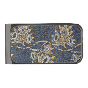 William Morris Tulip Willow Pattern Blue Floral Gunmetal Finish Money Clip