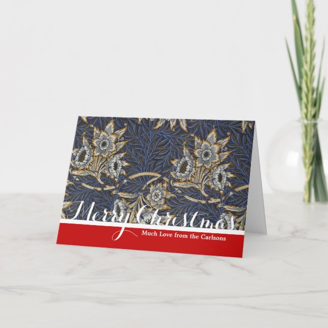 William Morris Tulip Willow Pattern Blue Floral Holiday Card (Front)