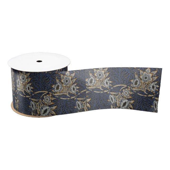 William Morris Tulip Willow Pattern Blue Floral Satin Ribbon (Spool)