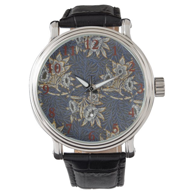 William Morris Tulip Willow Pattern Blue Floral Watch (Front)