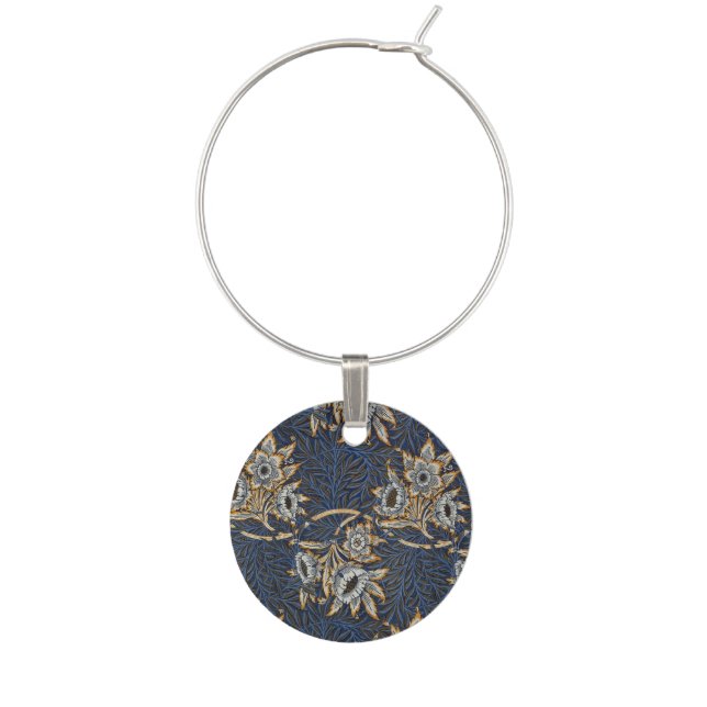 William Morris Tulip Willow Pattern Blue Floral Wine Charm (Front)