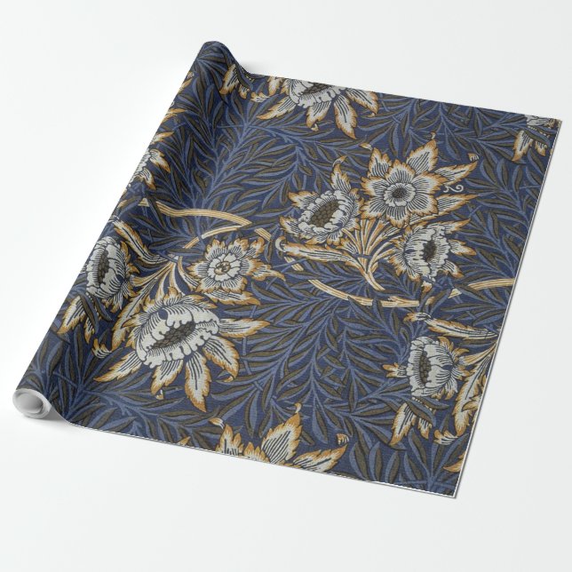 William Morris Tulip Willow Pattern Blue Floral Wrapping Paper (Unrolled)