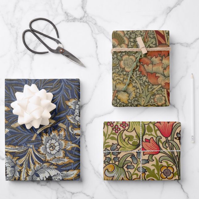 William Morris Tulip Willow Pattern Blue Floral Wrapping Paper Sheets (Front)