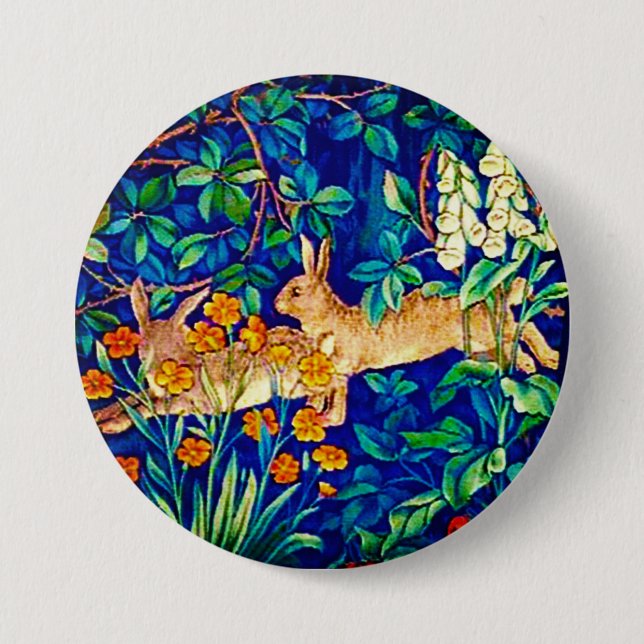 William Morris "Two Hares" Wild Rabbits Print Button (Front)