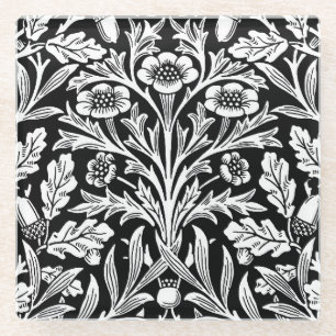 William Morris Vintage Black White Oak Pattern Glass Coaster