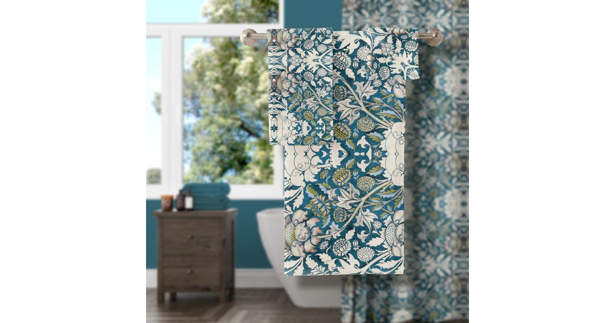 William Morris Vintage Blue Floral Collage Art Bat Bath Towel Set | Zazzle