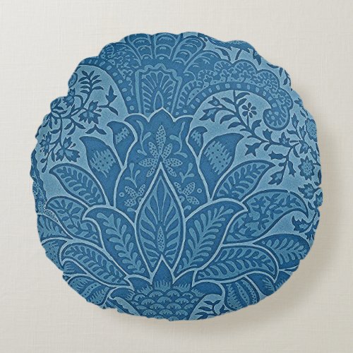 William Morris Vintage Blue Floral pattern Round Pillow