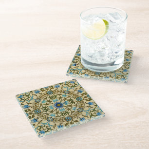 William Morris Vintage Blue Vine Seamless Pattern Glass Coaster