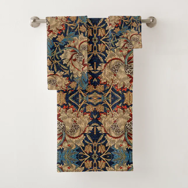 William Morris Vintage Floral Pattern Red Blue Bath Towel Set | Zazzle