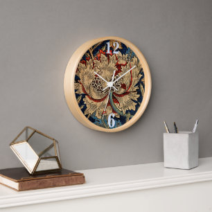 William Morris Vintage Floral Pattern Red Blue Clock