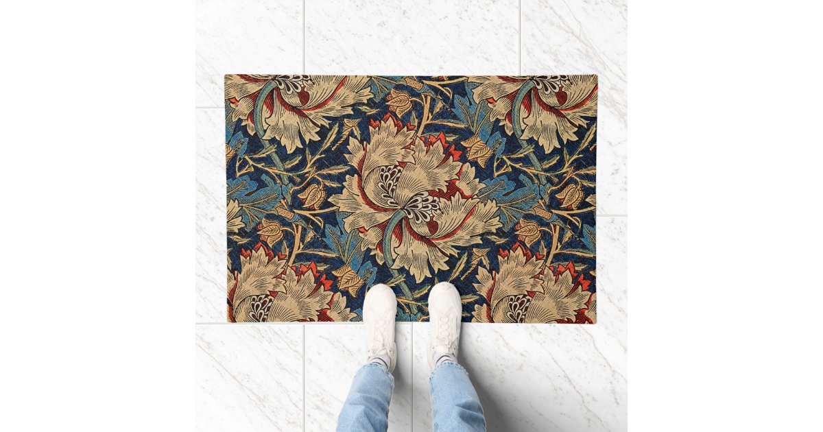 William Morris Vintage Floral Pattern Red Blue Doormat | Zazzle