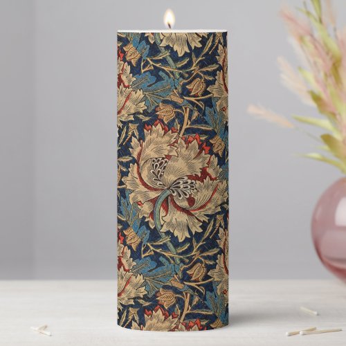 William Morris Vintage Floral Pattern Red Blue     Pillar Candle