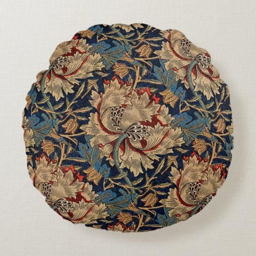William Morris Vintage Floral Pattern Red Blue     Round Pillow