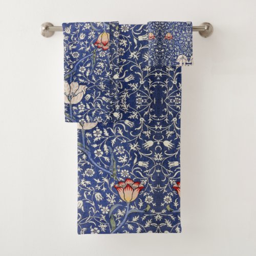 William Morris Vintage Floral Tulip Blue White Red Bath Towel Set