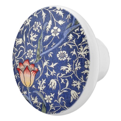 William Morris Vintage Floral Tulip Blue White Red Ceramic Knob