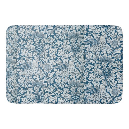 William Morris Vintage Flowers Birds Blue White Bath Mat