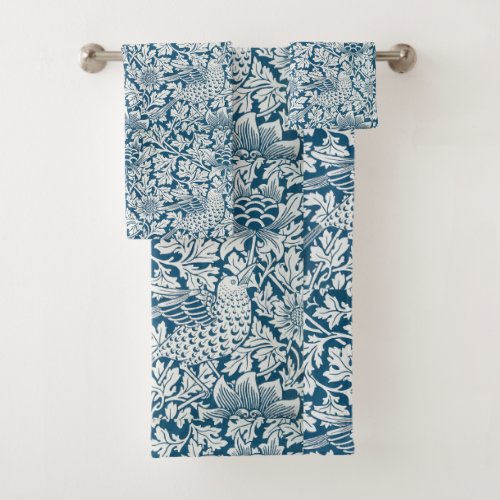 William Morris Vintage Flowers Birds Blue White Bath Towel Set