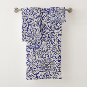 William Morris Vintage Flowers Birds Blue White Bath Towel Set