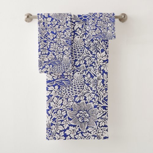 William Morris Vintage Flowers Birds Blue White Bath Towel Set