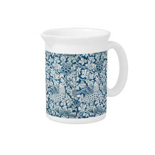 William Morris Vintage Flowers Birds Blue White Beverage Pitcher