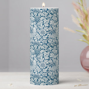 William Morris Vintage Flowers Birds Blue White Pillar Candle