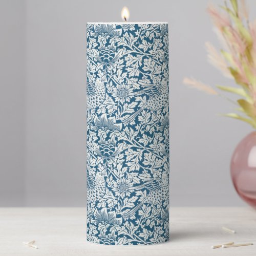 William Morris Vintage Flowers Birds Blue White Pillar Candle