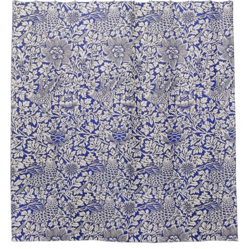 William Morris Vintage Flowers Birds Blue White Shower Curtain