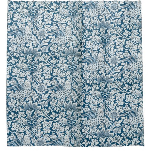 William Morris Vintage Flowers Birds Blue White Shower Curtain