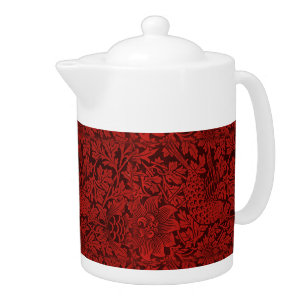 William Morris Vintage Flowers Birds Red           Teapot