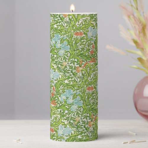 William Morris Vintage Flowers Floral Green Pink Pillar Candle