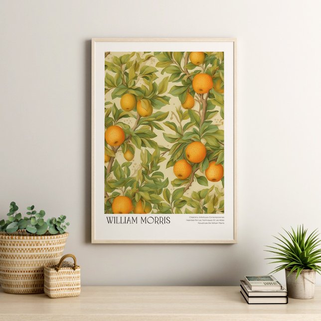 William Morris Vintage Fruits and Leaves Poster (William Morris Vintage Fruits and Leaves Poster in a neutral boho livingroom with house plants.)