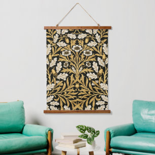 William Morris Vintage Gold Black Oak Pattern Hanging Tapestry