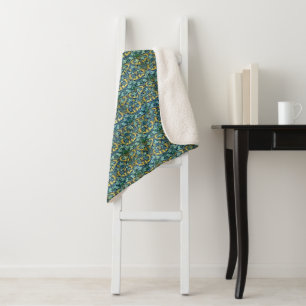 William Morris Vintage Gold Green Blue Sherpa Blanket