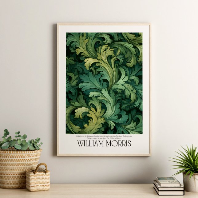William Morris Vintage Green Leaves  Botanical  Poster (William Morris Vintage Green Leaves Botanical Poster in a neutral boho living room with house plants)