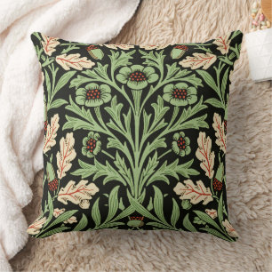 William Morris Vintage Oak Black Red Pattern Throw Pillow