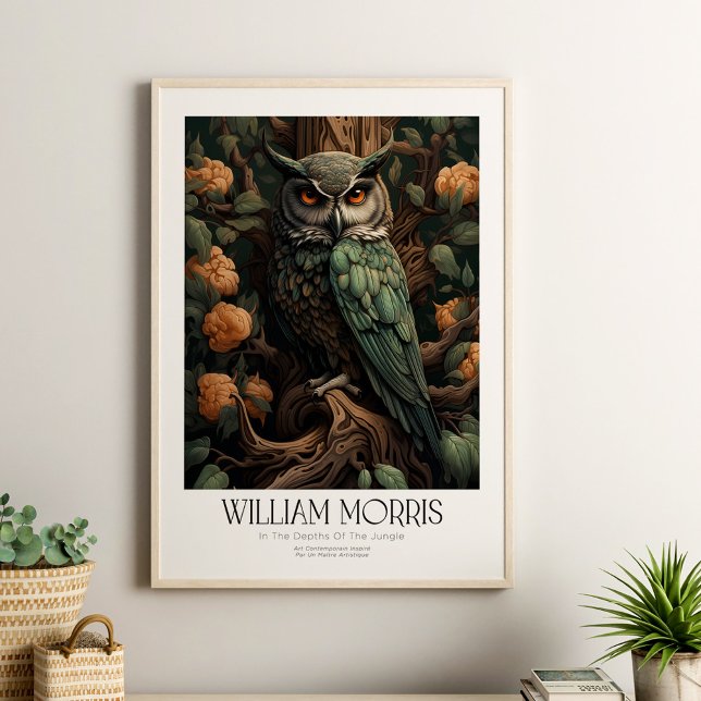 William Morris Vintage Owl with Blossoms Poster (William Morris Vintage Owl with Blossoms Poster in a boho neutral living room in a wooden frame.)