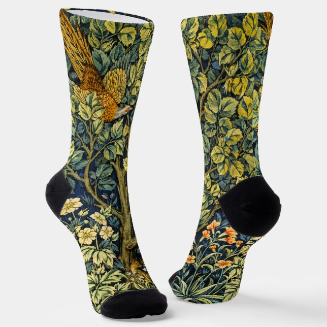 William Morris Vintage Pheasant Squirrel Flower Socks (Angled)