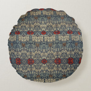 William Morris Vintage Red Floral Tulip and Rose Round Pillow